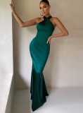 Dk-Green Silk Cross Neck Sleeveless Backless Maxi Dress