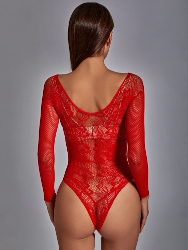 Red Lace See Through O-Neck Long Sleeve Bodysuit