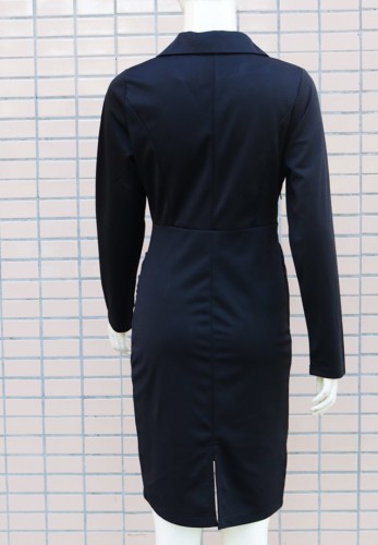 Black V-Neck Long Sleeve Turndown Collar Wrap Midi Dress