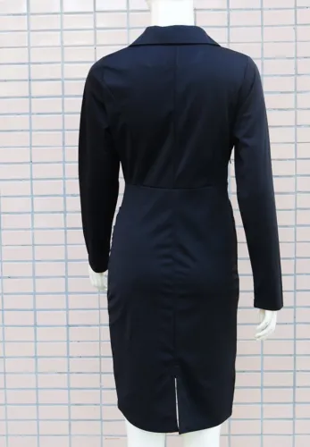 Black V-Neck Long Sleeve Turndown Collar Wrap Midi Dress