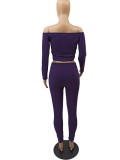 Purple Ribbed Off Shoulder Long Sleeve Top and High Waist Leggings 2PCS Set