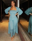Blue Bandeau Fitted Jumpsuit and Puff Sleeve Long Cardigan 2PCS Set