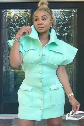 Green Pockets Pad Shoulder Short Sleeve Button Up Mini Dress