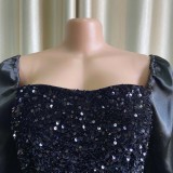 Black Sequin Square Neck Puff Sleeve Long Dress