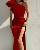 Red Single Shoulder Ruffles High Slit Sleeveless Long Dress