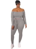 Grey Ribbed Off Shoulder Long Sleeve Top and High Waist Leggings 2PCS Set