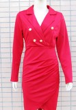 Red V-Neck Long Sleeve Turndown Collar Wrap Midi Office Dress