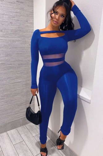 Blue Mesh Patched Cut Out Long Sleeves Tight Jumpsuit