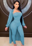 Blue Bandeau Fitted Jumpsuit and Puff Sleeve Long Cardigan 2PCS Set