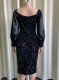 Black Sequin Square Neck Puff Sleeve Long Dress