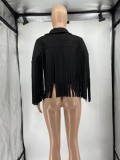 Black Fringe Zipper Up Long Sleeve Turndown Collar Coat