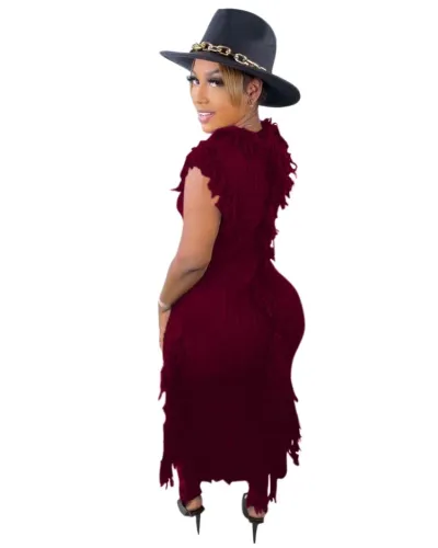 Burgunry Kintted Fringe Sleeveless Irregular Midi Dress