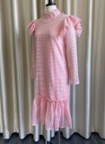 Pink Cami Dress and Hollow Out Ruffled Long Sleeve Long Dress 2PCS Set