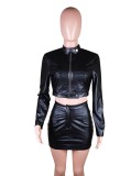 Black Pu Leather Zip Turtleneck Long Sleeve Crop Top and Mini Skirt 2PCS Set