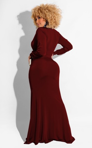 Burgunry Deep-V Wrap Front Split Long Sleeve Maxi Dress