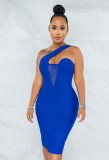 Blue Mesh Patched One Shoulder Sleeveless Midi Dress