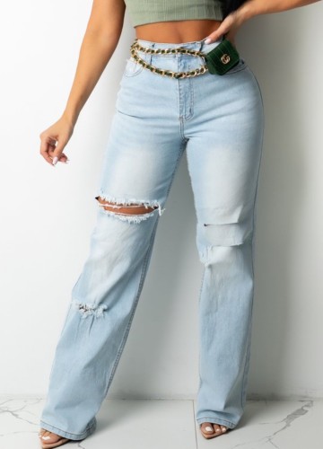 Lt-Blue High Waist Ripped Loose Jeans with Pocket