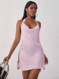 Pink Sparkling Sequins Halterneck Sleeveless Backless Slit Mini Dress