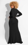 Black Deep-V Wrap Front Split Long Sleeve Maxi Dress