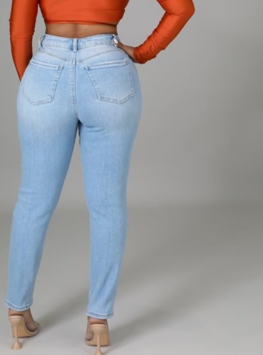 Lt-Blue High Waist Ripped Distressed Jeans with Pocket