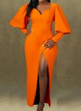 Orange Sweetheart Collar Puffed Long Sleeve High Slit Long Dress