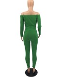 Green Ribbed Off Shoulder Long Sleeve Top and High Waist Leggings 2PCS Set