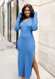 Blue Ribbed V-Neck Long Sleeve Split Long Hoody Dress