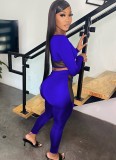 Blue See Through Lace Up O-Neck Crop Top and Pants 2PCS Set