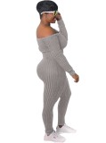 Grey Ribbed Off Shoulder Long Sleeve Top and High Waist Leggings 2PCS Set