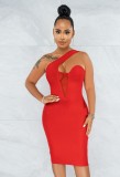 Red Mesh Patched One Shoulder Sleeveless Midi Dress