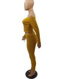 Yellow Ribbed Off Shoulder Long Sleeve Top and High Waist Leggings 2PCS Set