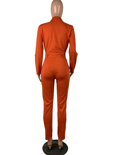 Orange Pockets Long Sleeve Button Up Jumpsuit With Belt