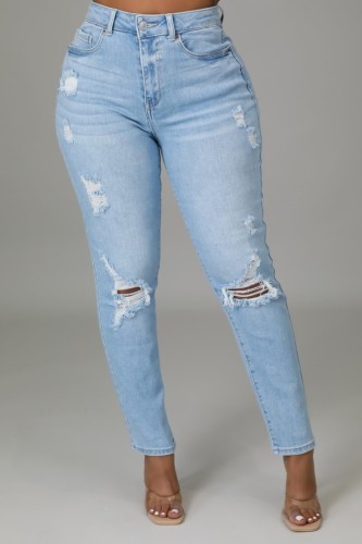 Lt-Blue High Waist Ripped Distressed Jeans with Pocket