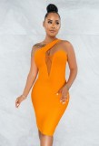 Orange Mesh Patched One Shoulder Sleeveless Midi Dress