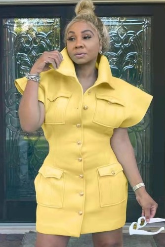 Yellow Pockets Pad Shoulder Short Sleeve Button Up Mini Dress