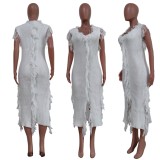 White Kintted Fringe Sleeveless Irregular Midi Dress