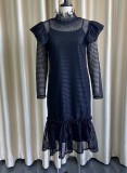 Black Cami Dress and Hollow Out Ruffled Long Sleeve Long Dress 2PCS Set