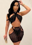 Black Rhinestone Criss Cross Crop Top and High Cut Panty with Cut Out Mini Dress 3PCS Set