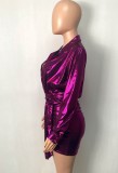 Purple Metallic Button Up Long Sleeves Ruched Mini Dress
