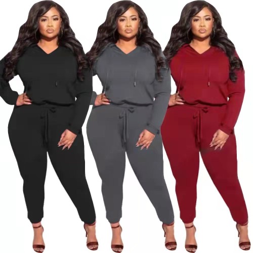 Plus Size Red Long Sleeve Drawstring Hoody Sweatshirt and Pant 2PCS Set