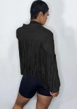 Black Fringe Zipper Up Long Sleeve Turndown Collar Coat