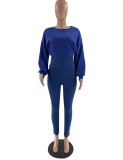 Blue Knitted Long Sleeves O-Neck Blouson Top and Pants 2PCS Set