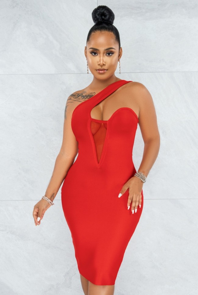 Red Mesh Patched One Shoulder Sleeveless Midi Dress
