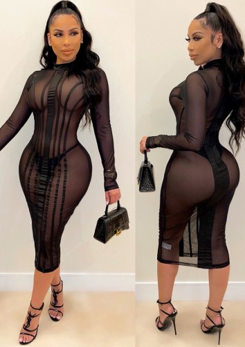 Black Line See Through O-Neck Long Sleeve Midi Dress