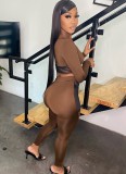 Brown See Through Lace Up O-Neck Crop Top and Pants 2PCS Set