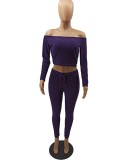 Purple Ribbed Off Shoulder Long Sleeve Top and High Waist Leggings 2PCS Set