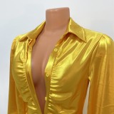 Yellow Silk Turndown Collar Button Long Sleeve Skinny Mini Blouse Dress