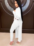 White Bandeau Fitted Jumpsuit and Puff Sleeve Long Cardigan 2PCS Set