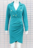 Blue V-Neck Long Sleeve Turndown Collar Wrap Midi Office Dress