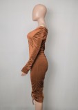 Brown Velvet Ruched Drawstring Long Sleeve Slinky Midi Dress